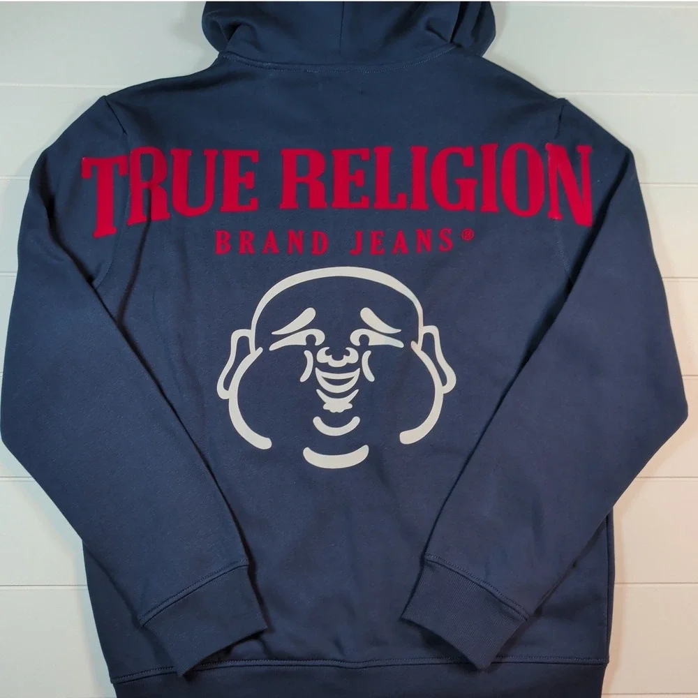 True Religion Zip Hoodie Mens Large Navy Blue Buddha Graphic Logo 106659